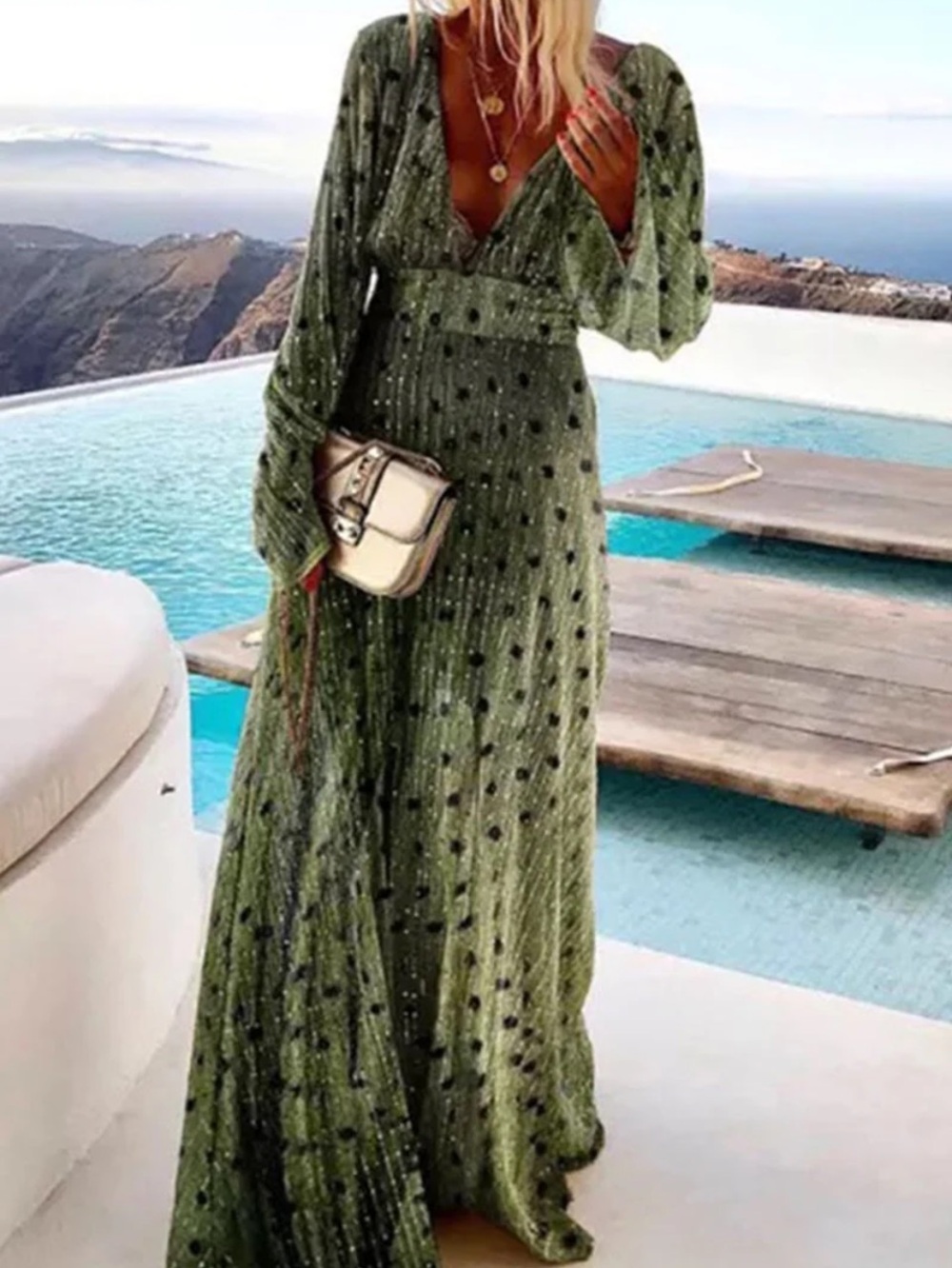 Olive Green V-Neck Sequin Maxi Dress by